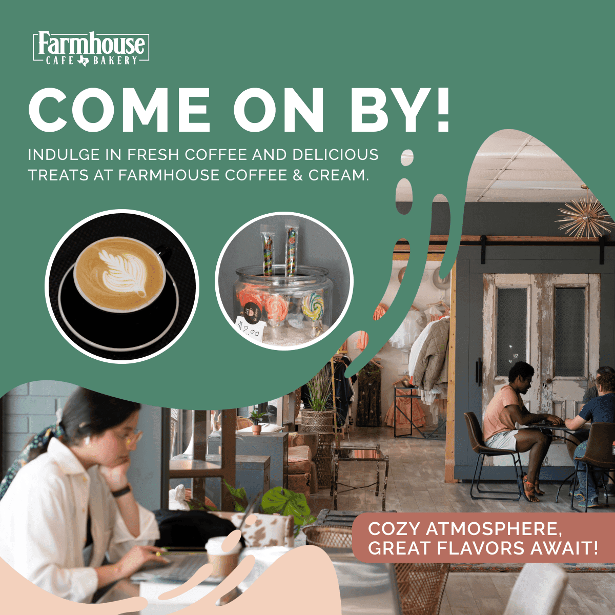 Come on by Farmhouse Coffee & Cream for fresh coffee and treats