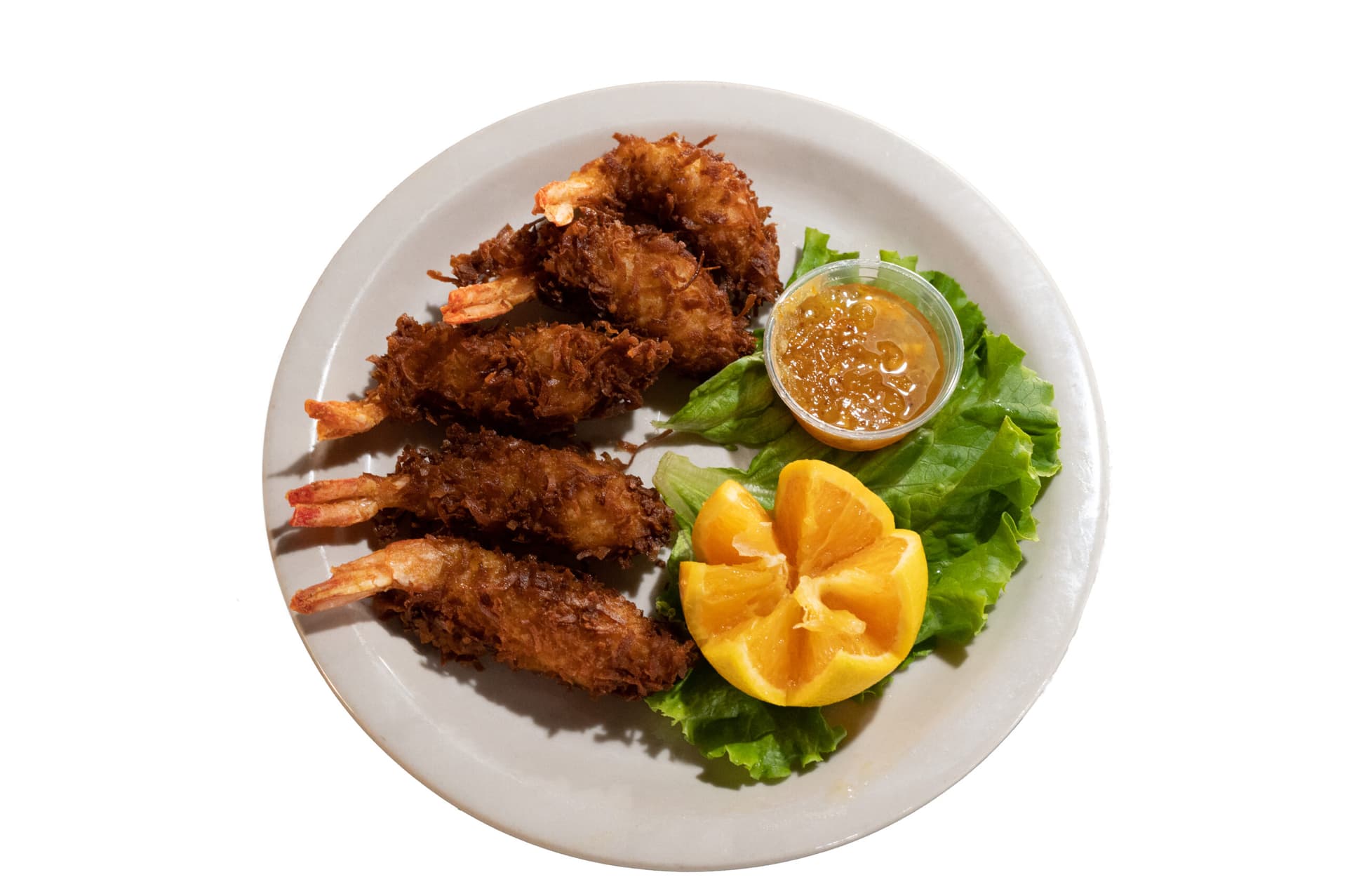 Coconut shrimp — five jumbo shrimp in beer batter and coconut, served with orange pineapple marmalade