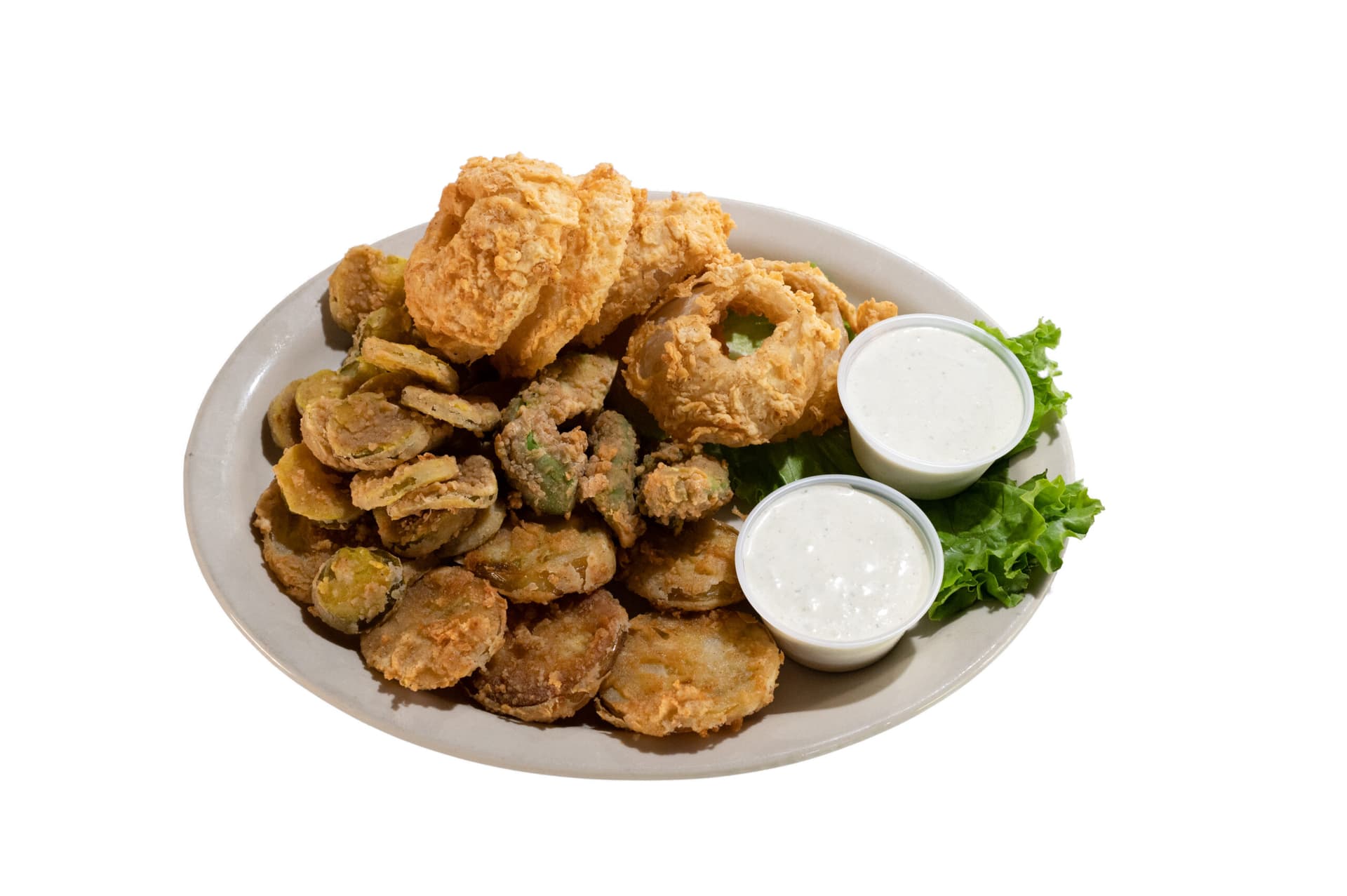 Combo appetizer platter — fried avocados, pickles, green tomatoes and onion rings