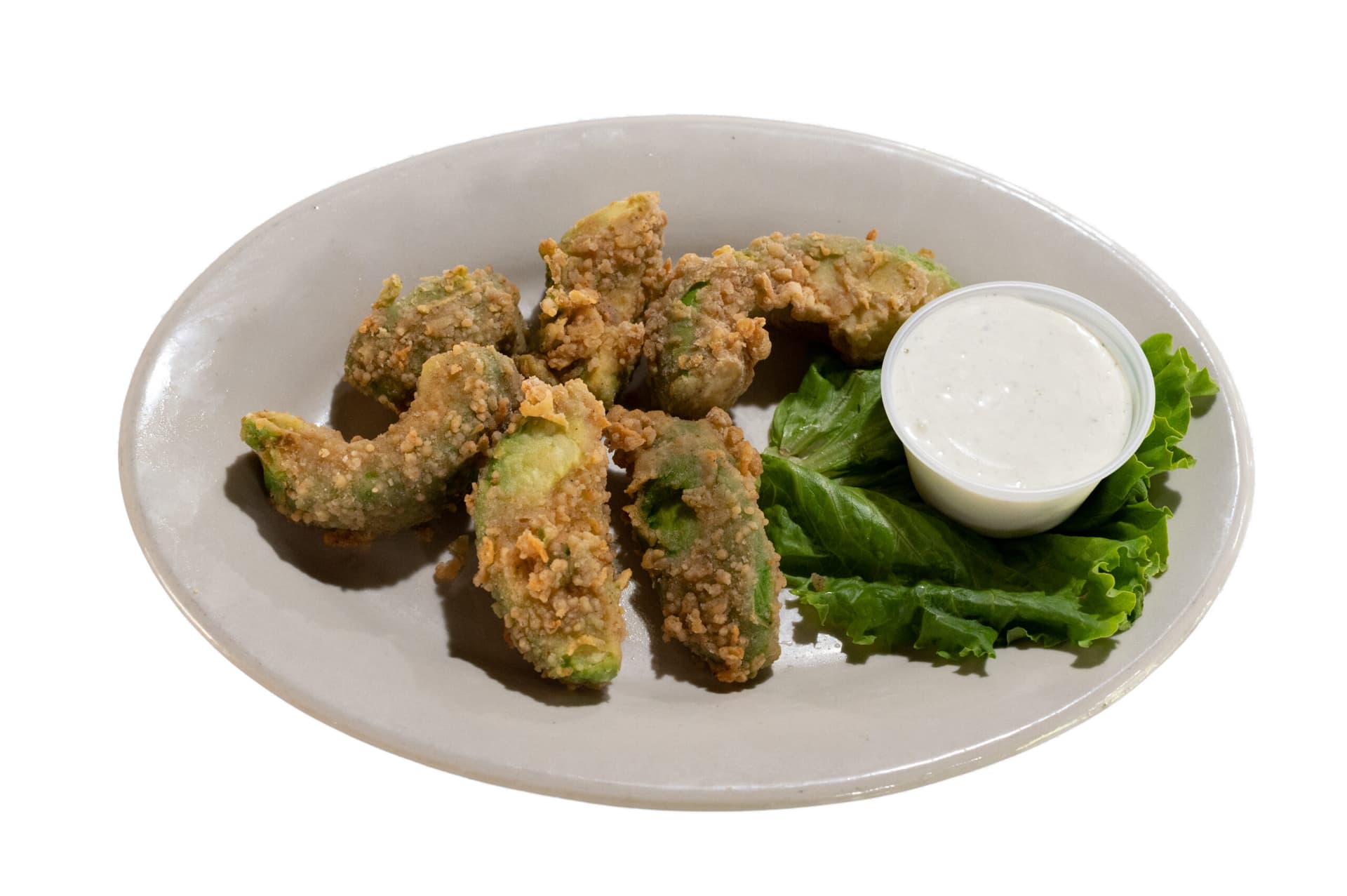 Sliced Hass avocado, battered and fried, served with ranch dressing