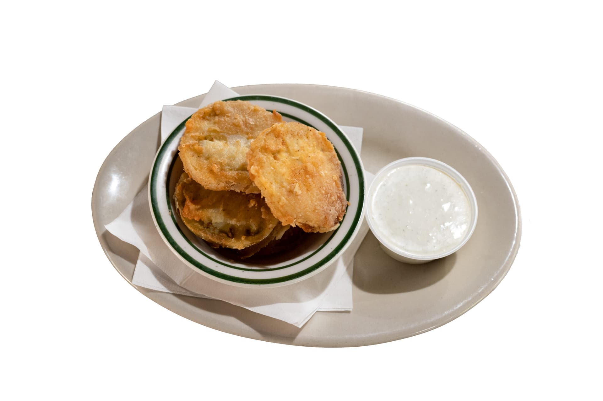 Fried green tomatoes — sliced thin, battered and fried crisp, served with ranch dressing