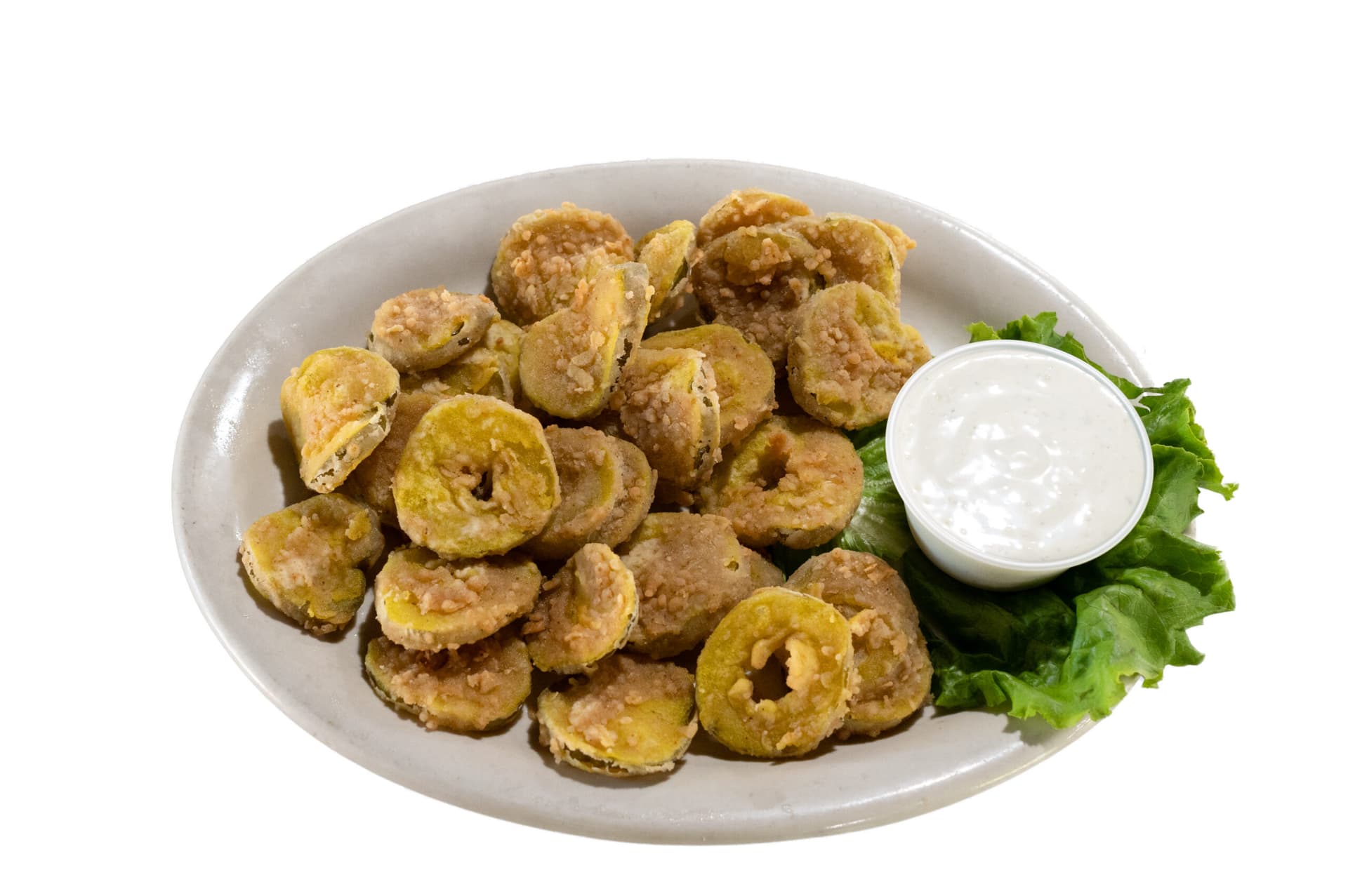 Battered and fried pickle slices served with ranch dressing