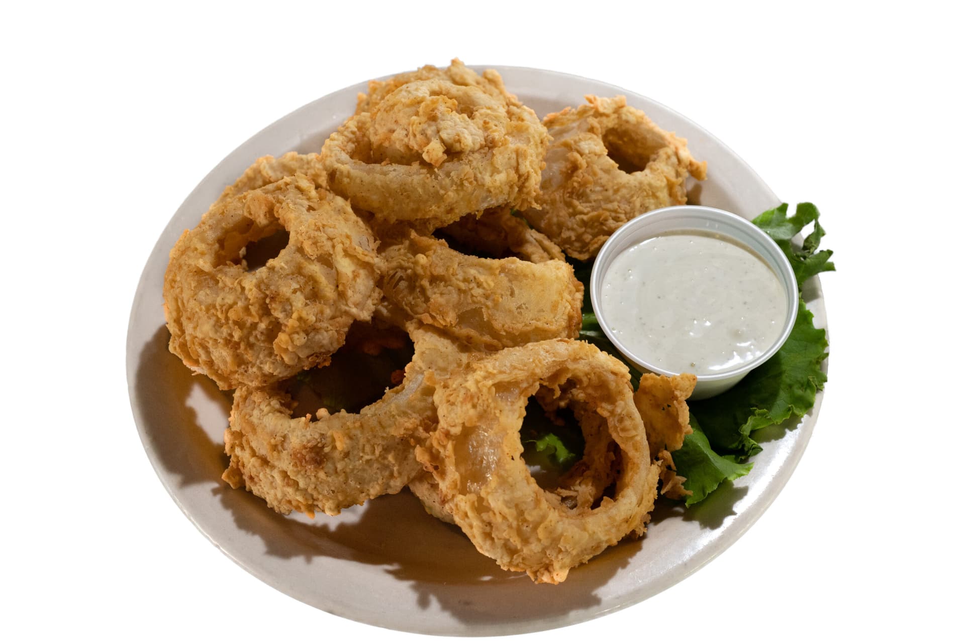 Thick-sliced onion rings, battered and fried, served with ranch dressing