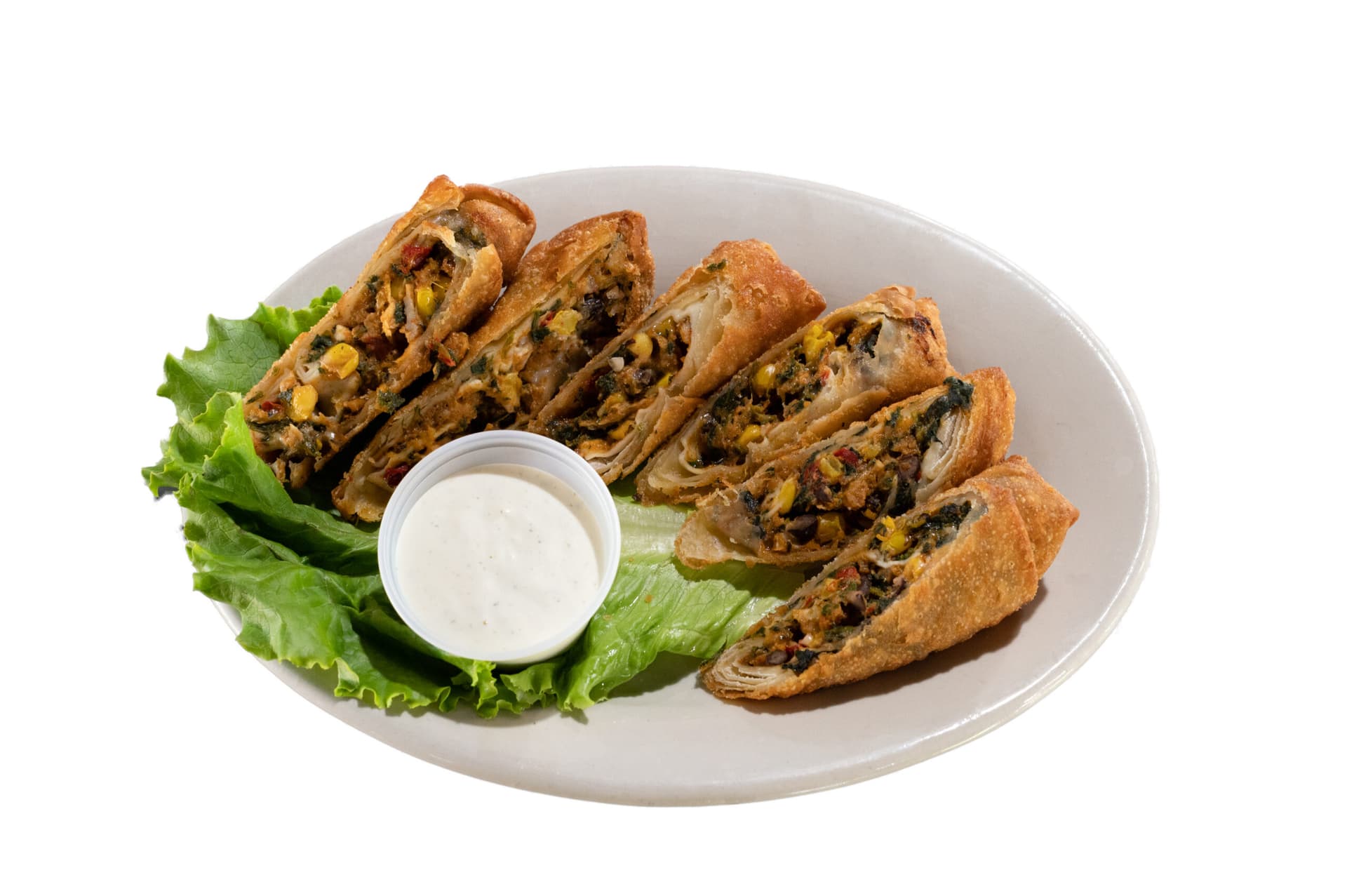 Southwestern eggrolls filled with chicken, beans, corn and spinach, served with ranch