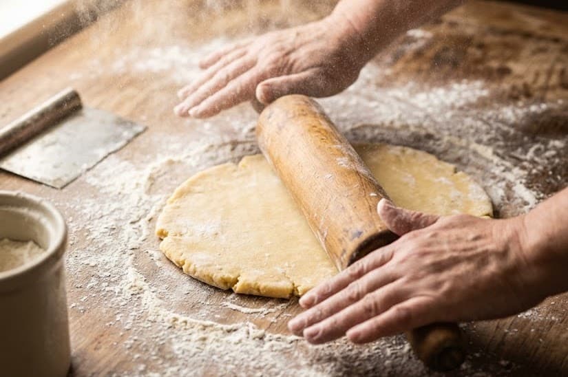 Hand-drawn illustration of the early-morning pie-making routine